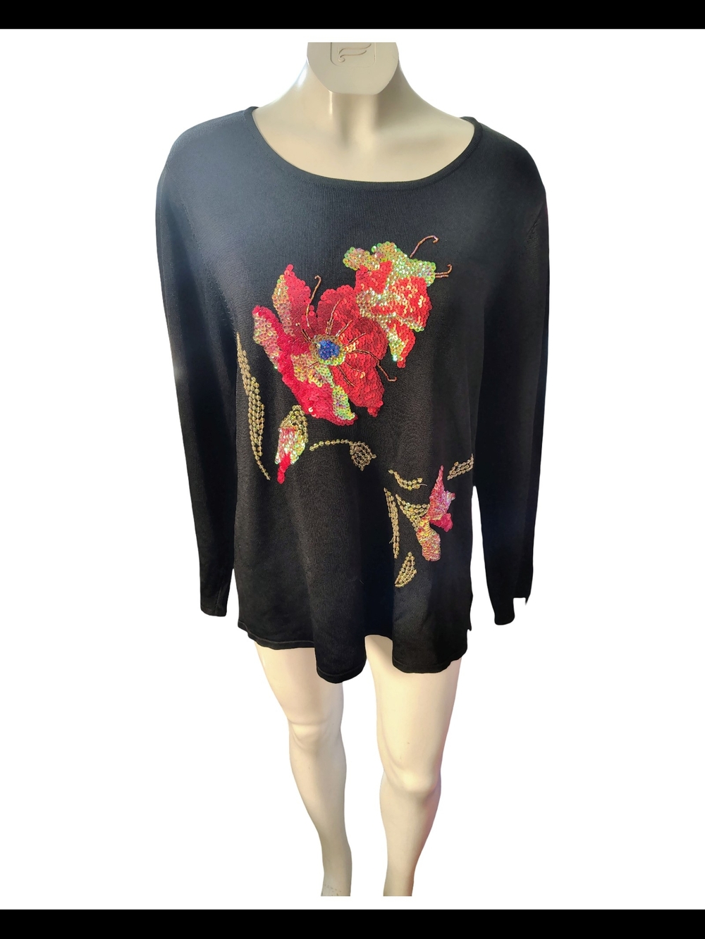 Victor Costa Black Sweater with Red Sequin Floral Motif